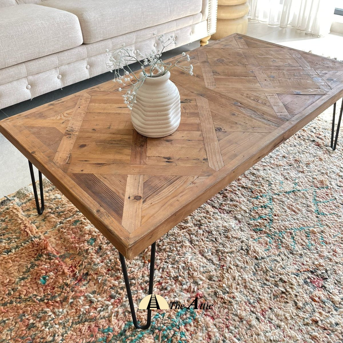 Dallas Parquet Reclaimed Pine Hairpin Coffee Table - The Attic Dubai