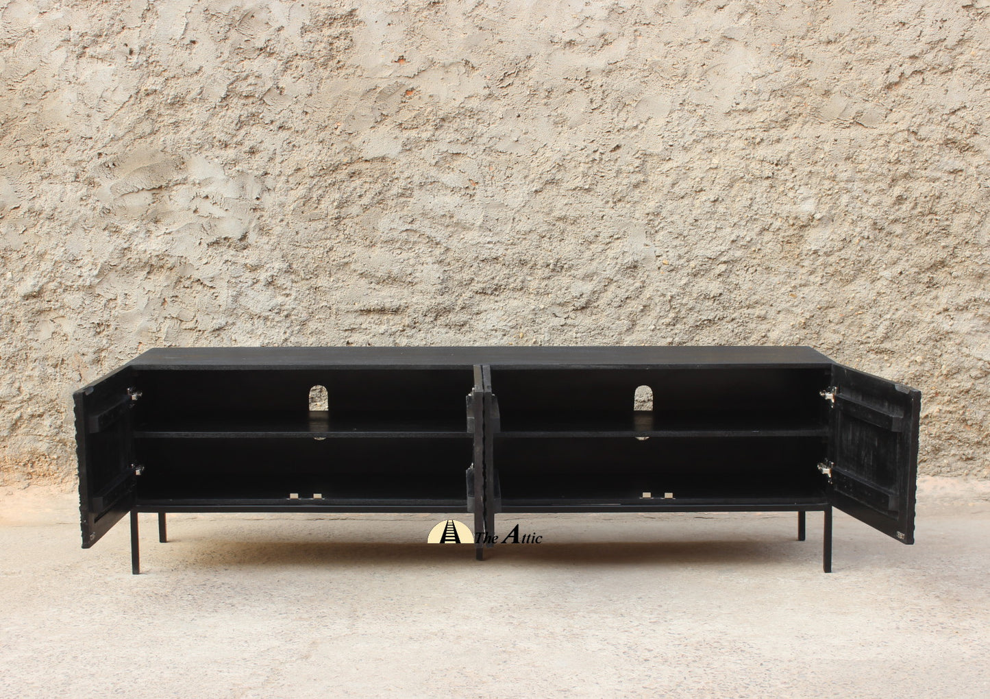 Diu Black TV Unit with Carved Panels, Solid Wood Entertainment Console, Mango Wood Media Table - The Attic Dubai