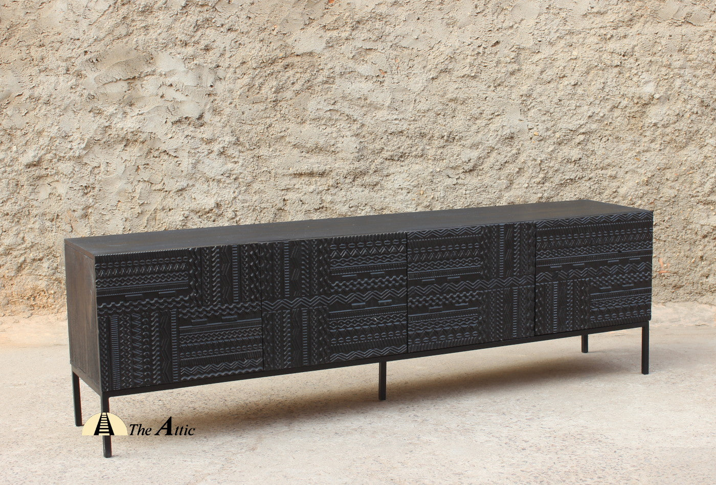 Diu Black TV Unit with Carved Panels, Solid Wood Entertainment Console, Mango Wood Media Table - The Attic Dubai