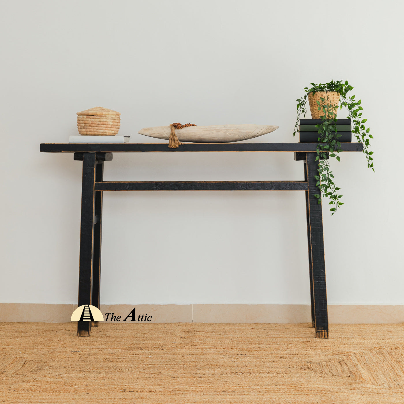 Recycled Old Pine Wood Console, Black Accent Table - The Attic Dubai