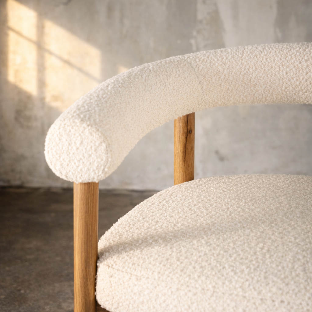 Luxurious Canberra Boucle Dining Armchair, Modern Oak Wood and Boucle Chair - The Attic Dubai