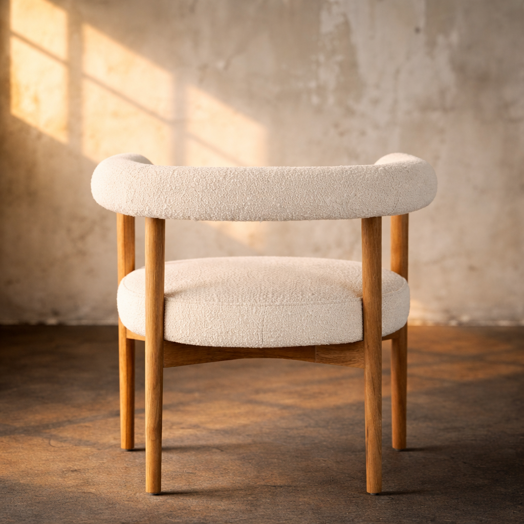 Luxurious Canberra Boucle Dining Armchair, Modern Oak Wood and Boucle Chair - The Attic Dubai
