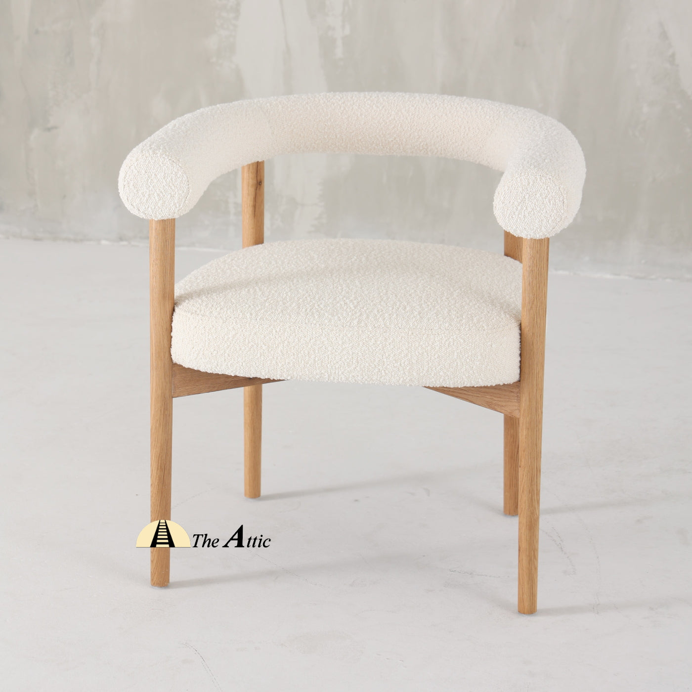 Canberra Boucle Dining Armchair, Modern Oak Wood and Boucle Chair - The Attic Dubai