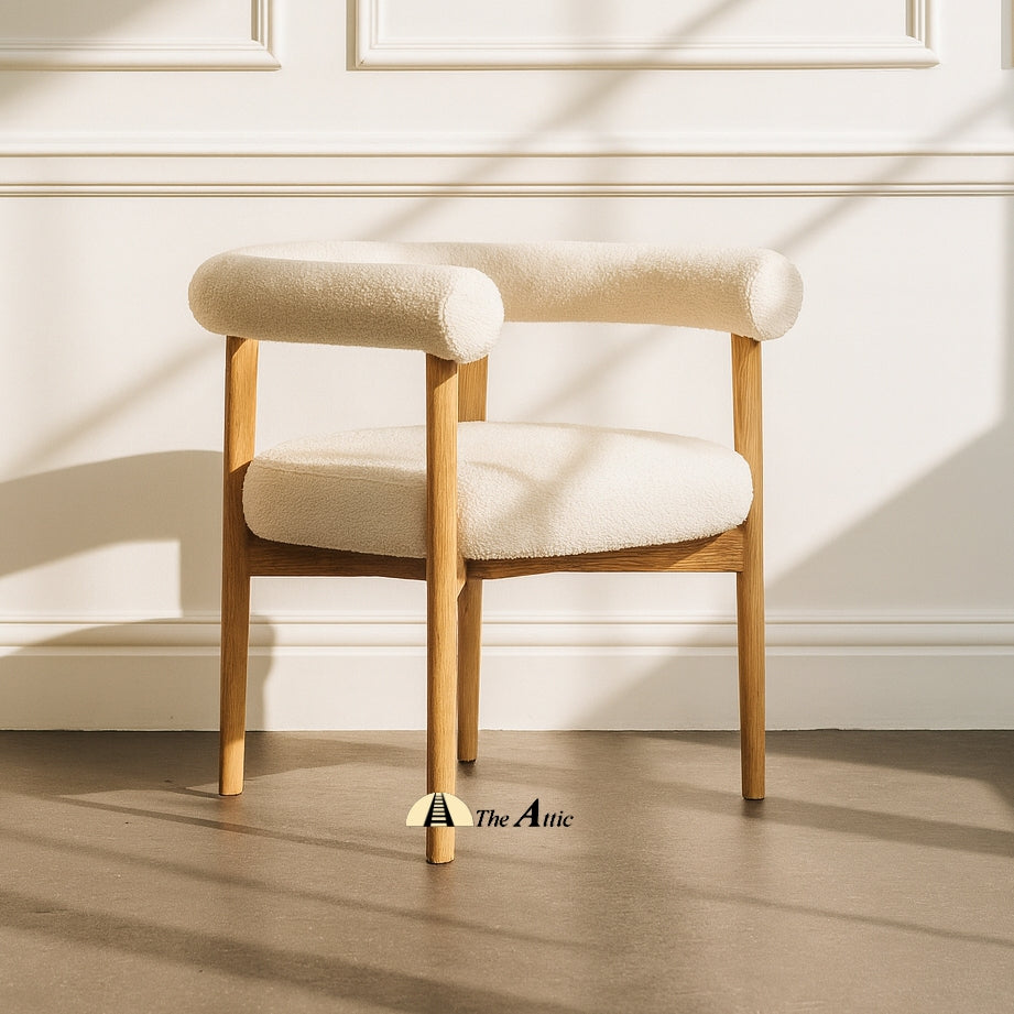 Luxurious Canberra Boucle Dining Armchair, Modern Oak Wood and Boucle Chair - The Attic Dubai