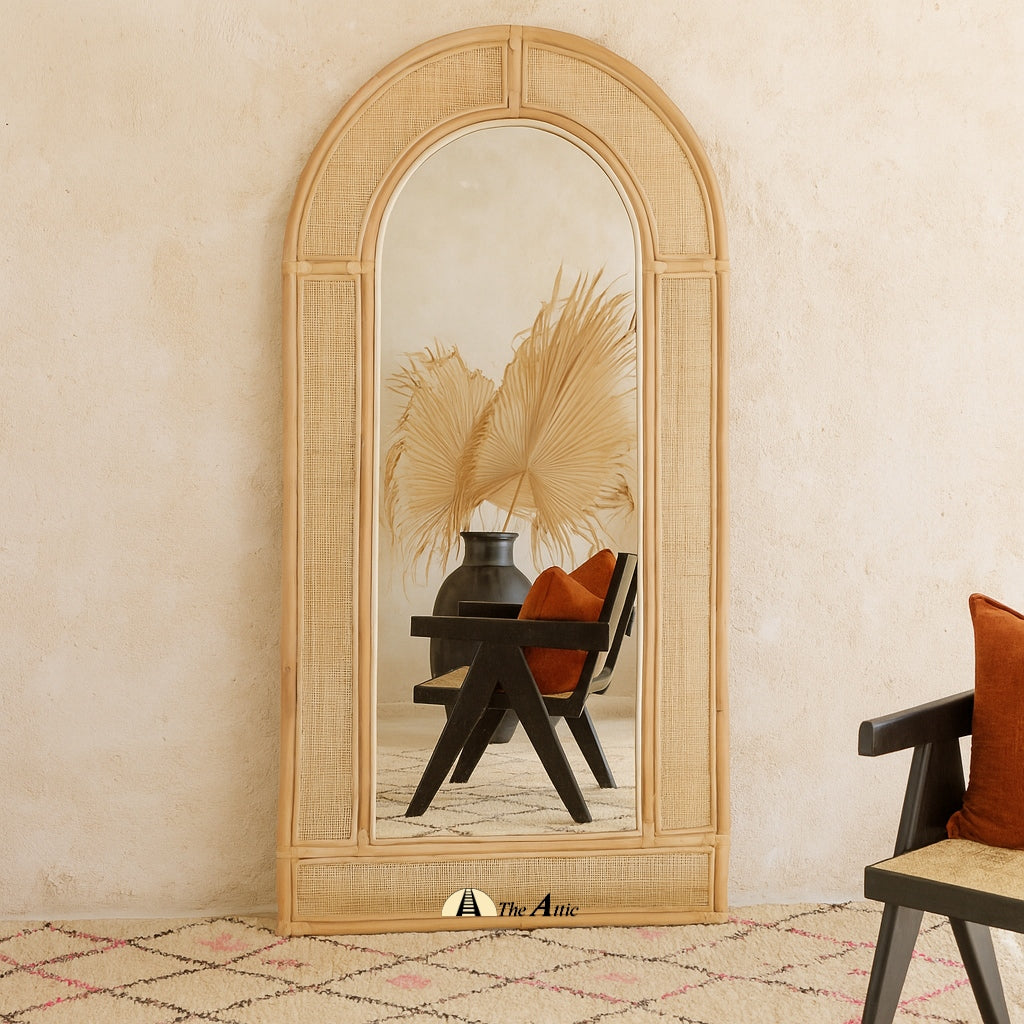 Celine Rattan Webbing Arch Leaning Mirror, Cane Floor Mirror - The Attic Dubai