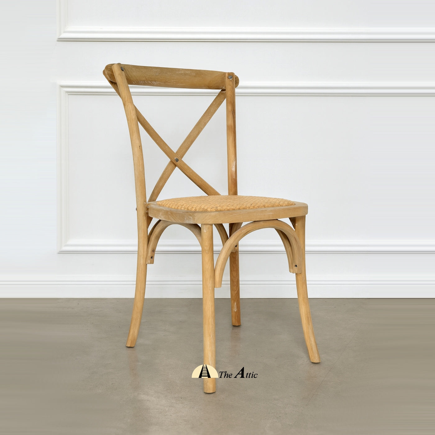 Cross-back Oakwood Dining Chair with Rattan Seat, Whitewashed - The Attic Dubai