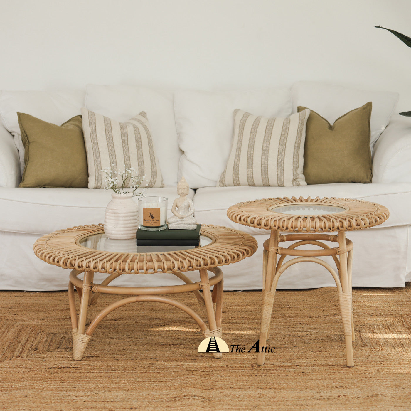 Dahlia Rattan Round Coffee Table with Glass, Center Table, Rattan Furniture - The Attic Dubai