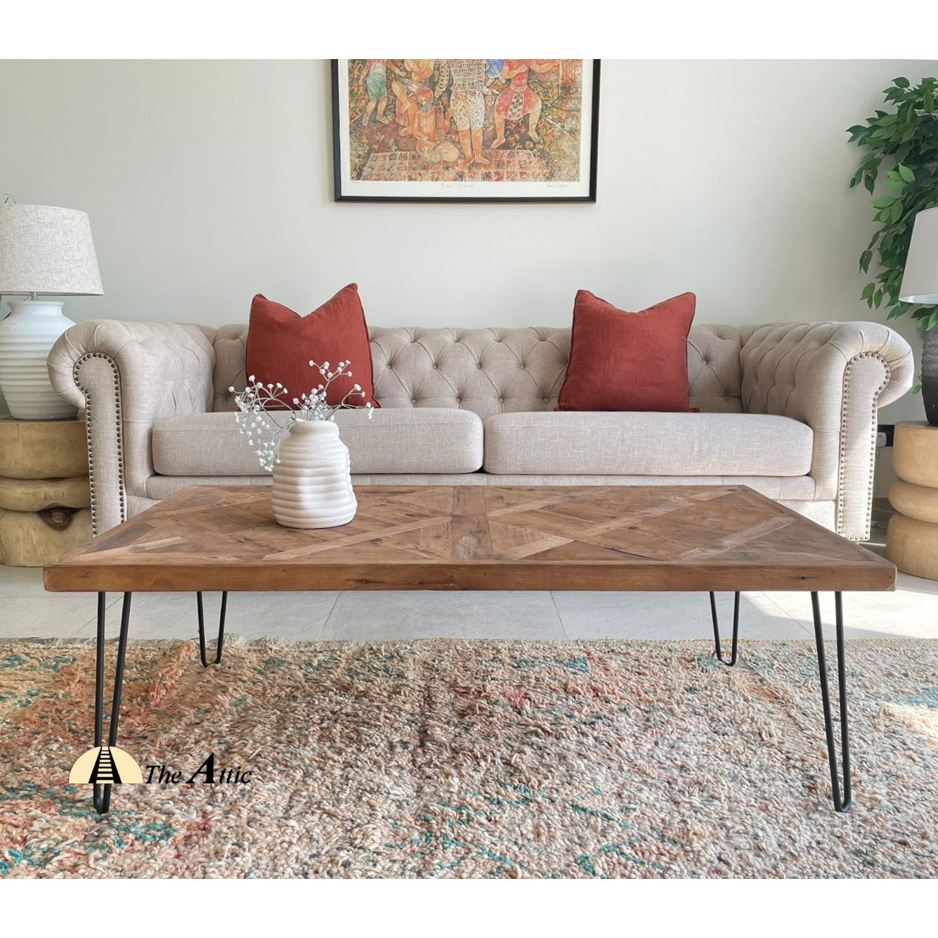 Dallas Parquet Reclaimed Pine Hairpin Coffee Table - The Attic Dubai