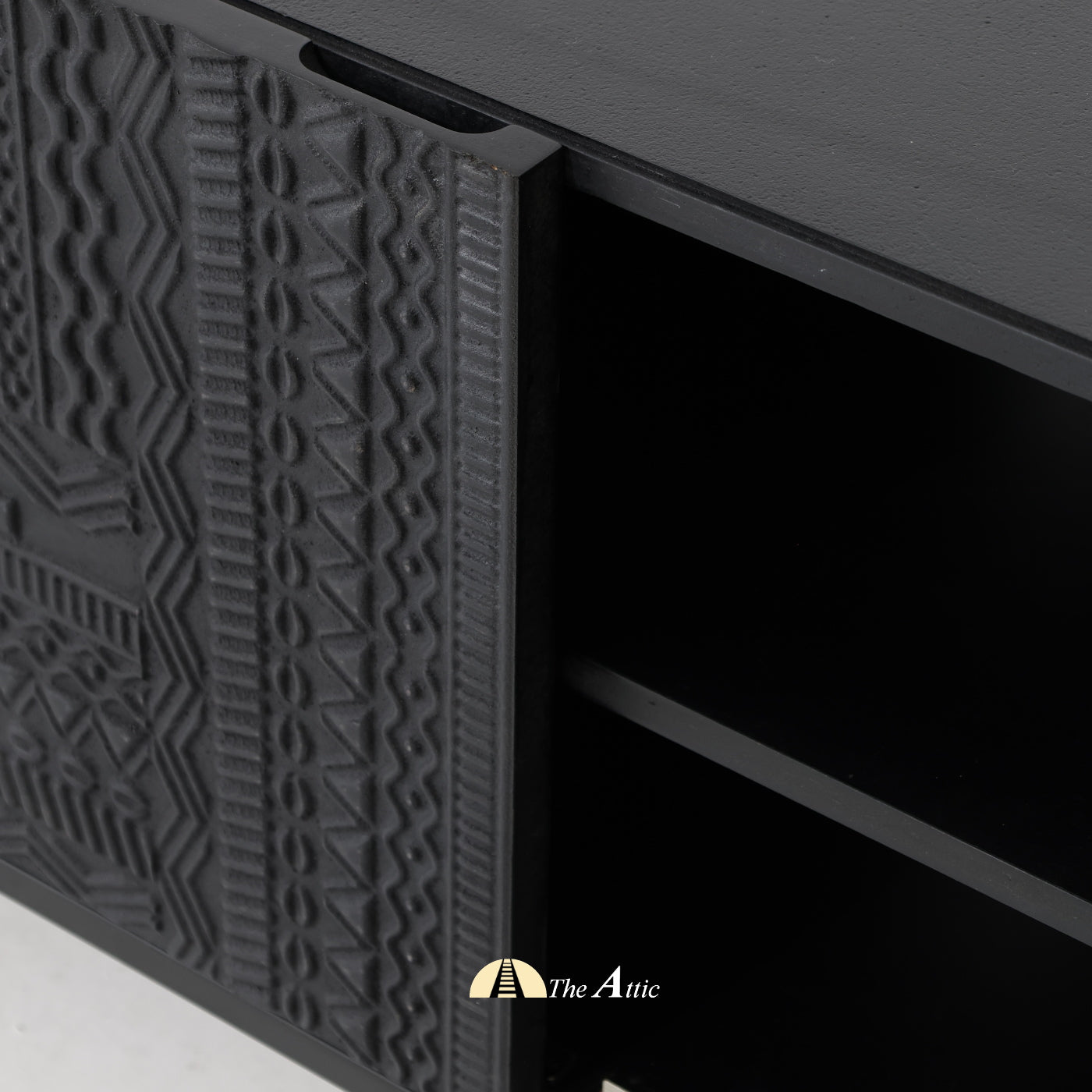 Diu Black TV Unit with Carved Panels, Solid Wood Entertainment Console, Mango Wood Media Table - The Attic Dubai
