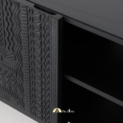 Diu Black TV Unit with Carved Panels, Solid Wood Entertainment Console, Mango Wood Media Table - The Attic Dubai