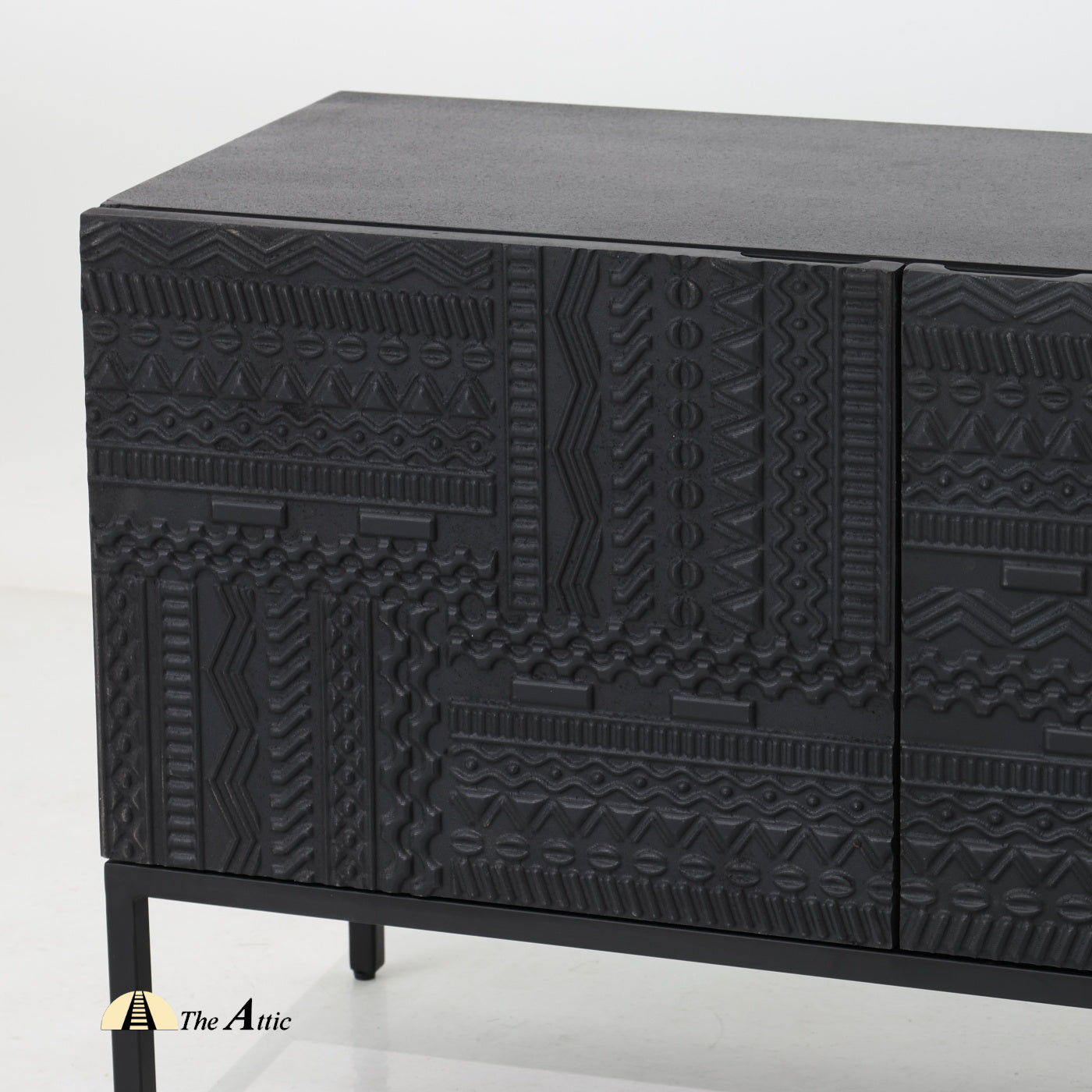 Diu Black TV Unit with Carved Panels, Solid Wood Entertainment Console, Mango Wood Media Table - The Attic Dubai
