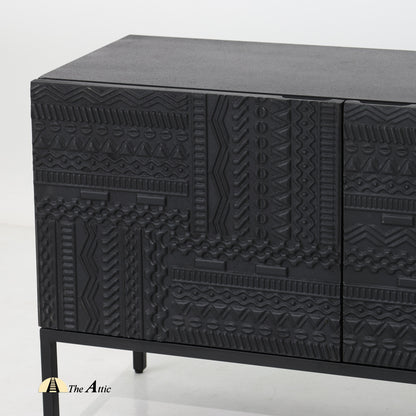 Diu Black TV Unit with Carved Panels, Solid Wood Entertainment Console, Mango Wood Media Table - The Attic Dubai