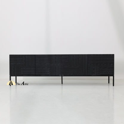 Diu Black TV Unit with Carved Panels, Solid Wood Entertainment Console, Mango Wood Media Table - The Attic Dubai