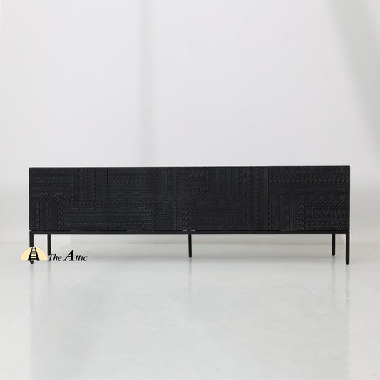 Diu Black TV Unit with Carved Panels, Solid Wood Entertainment Console, Mango Wood Media Table - The Attic Dubai