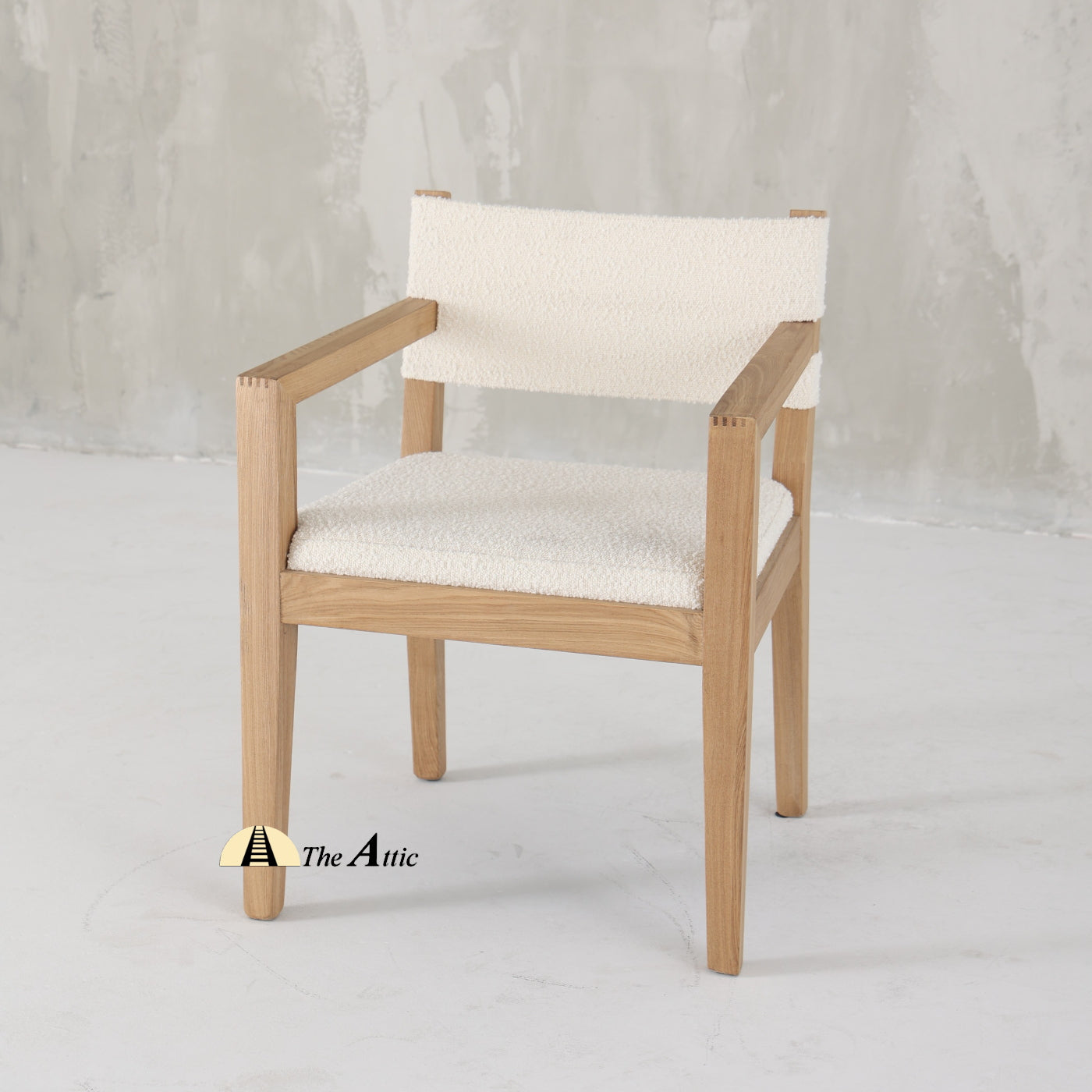 Hampton Boucle Dining Armchair, Modern Oak Wood and Boucle Chair - The Attic Dubai