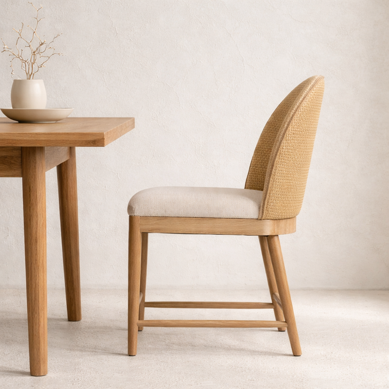 Hanoi Natural Oak & Rattan Dining Chair, Modern Oak Wood Chair, Dining Room Furniture Dubai - The Attic