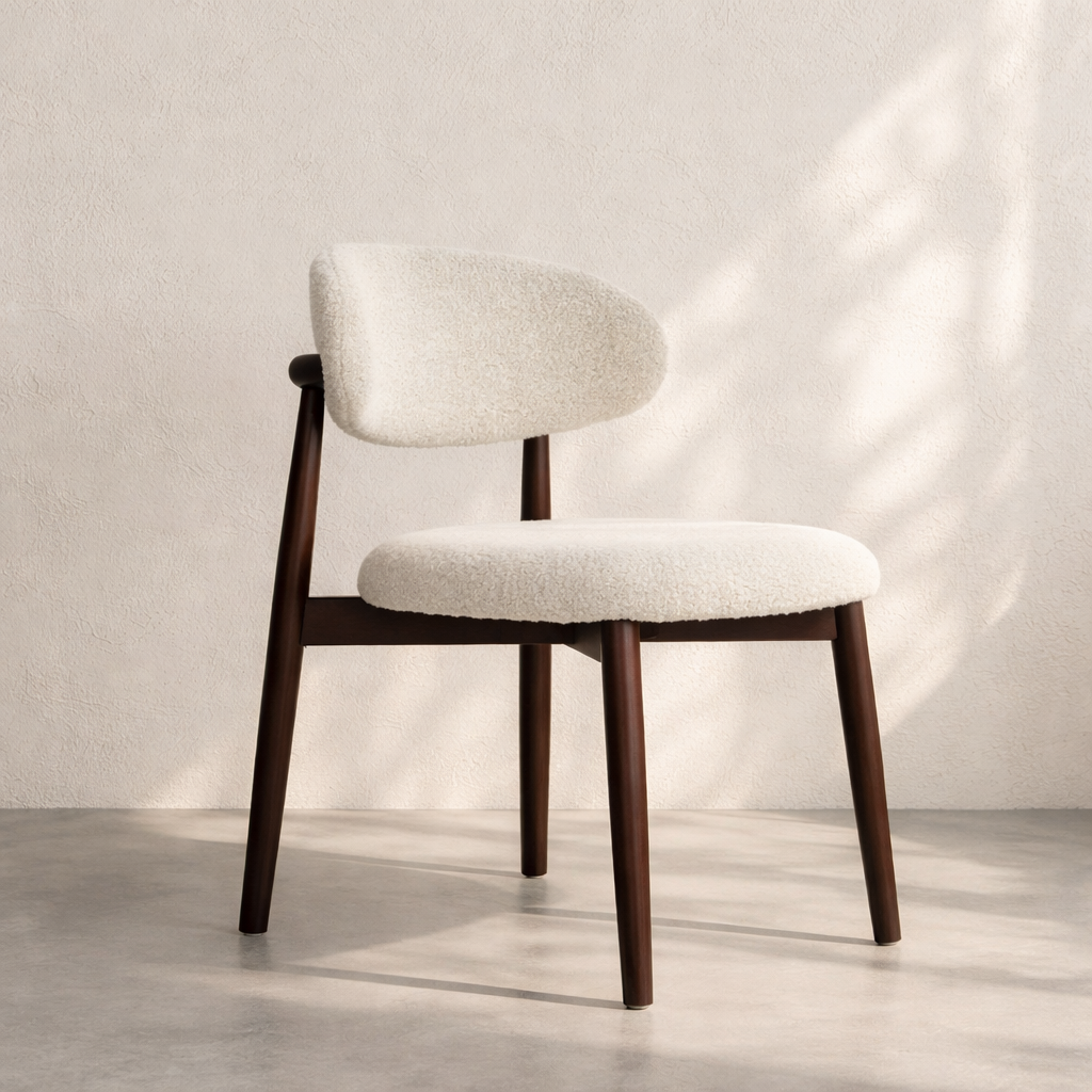 Havana Wooden Dining Chair, White Bouclé & Dark Brown Wood Frame Dining Chair - The Attic Dubai