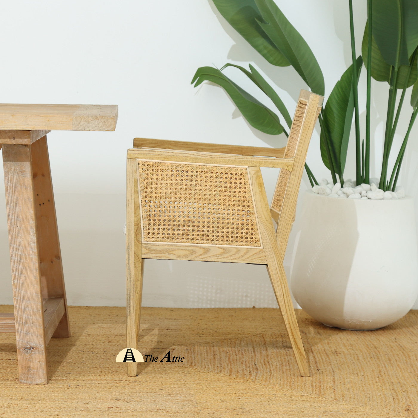 Kyoto Wooden Armchair with Rattan Back and Sides and Upholstered Seat, Mid-Century Modern Oak Wood and Rattan Chair - The Attic Dubai