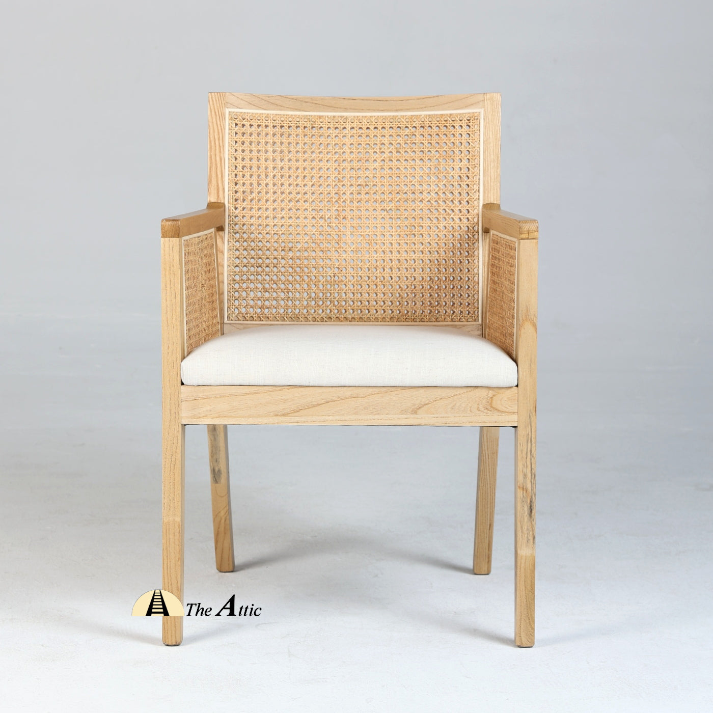 Kyoto Wooden Armchair with Rattan Back and Sides and Upholstered Seat, Mid-Century Modern Oak Wood and Rattan Chair - The Attic Dubai