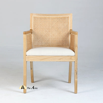 Kyoto Wooden Armchair with Rattan Back and Sides and Upholstered Seat, Mid-Century Modern Oak Wood and Rattan Chair - The Attic Dubai