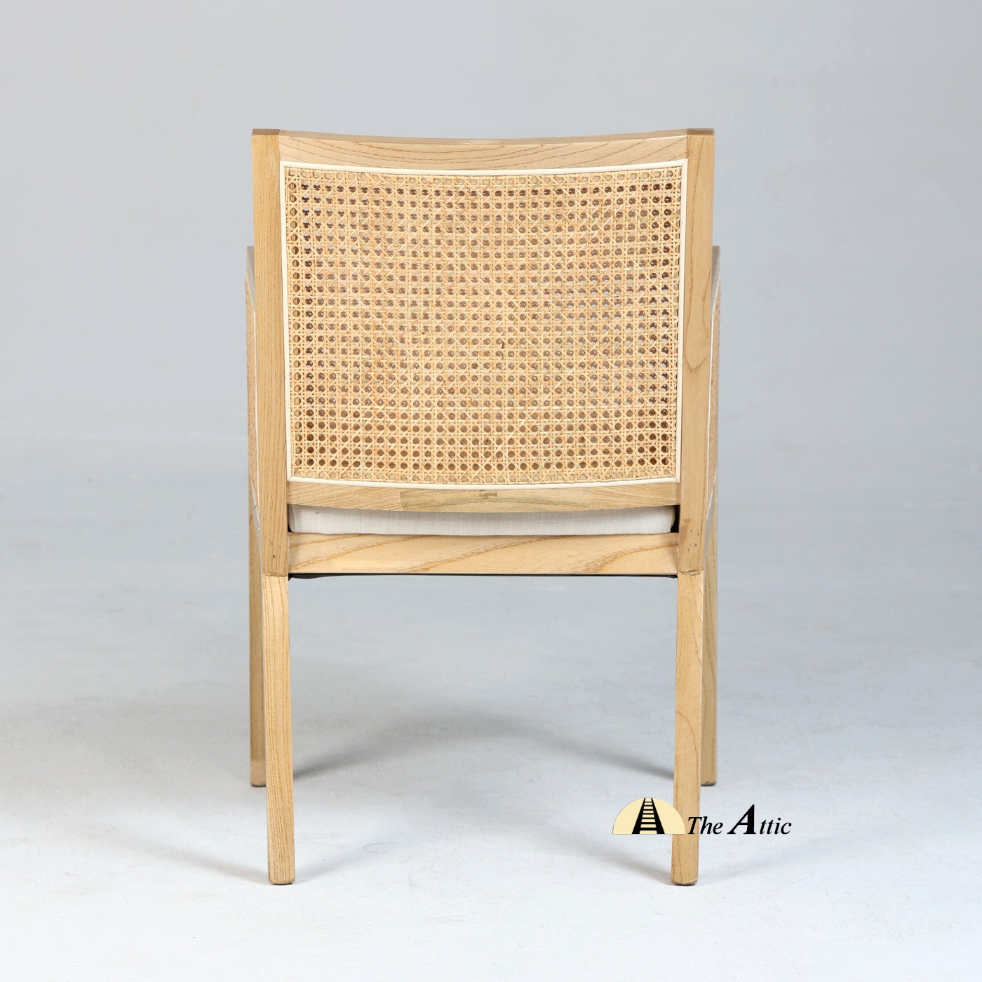 Kyoto Wooden Armchair with Rattan Back and Sides and Upholstered Seat, Mid-Century Modern Oak Wood and Rattan Chair - The Attic Dubai