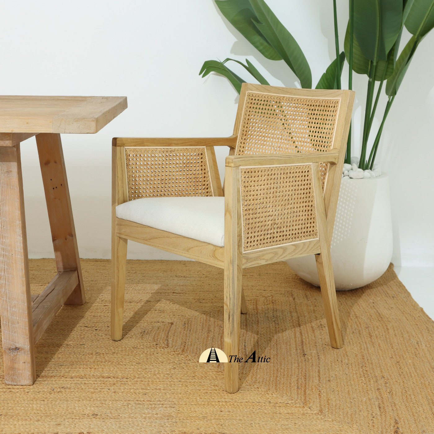 Kyoto Wooden Armchair with Rattan Back and Sides and Upholstered Seat, Mid-Century Modern Oak Wood and Rattan Chair - The Attic Dubai