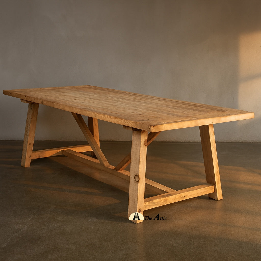 Wooden table with a rustic design, Lazio Reclaimed Pine Rustic Farmhouse Dining Table - The Attic Dubai