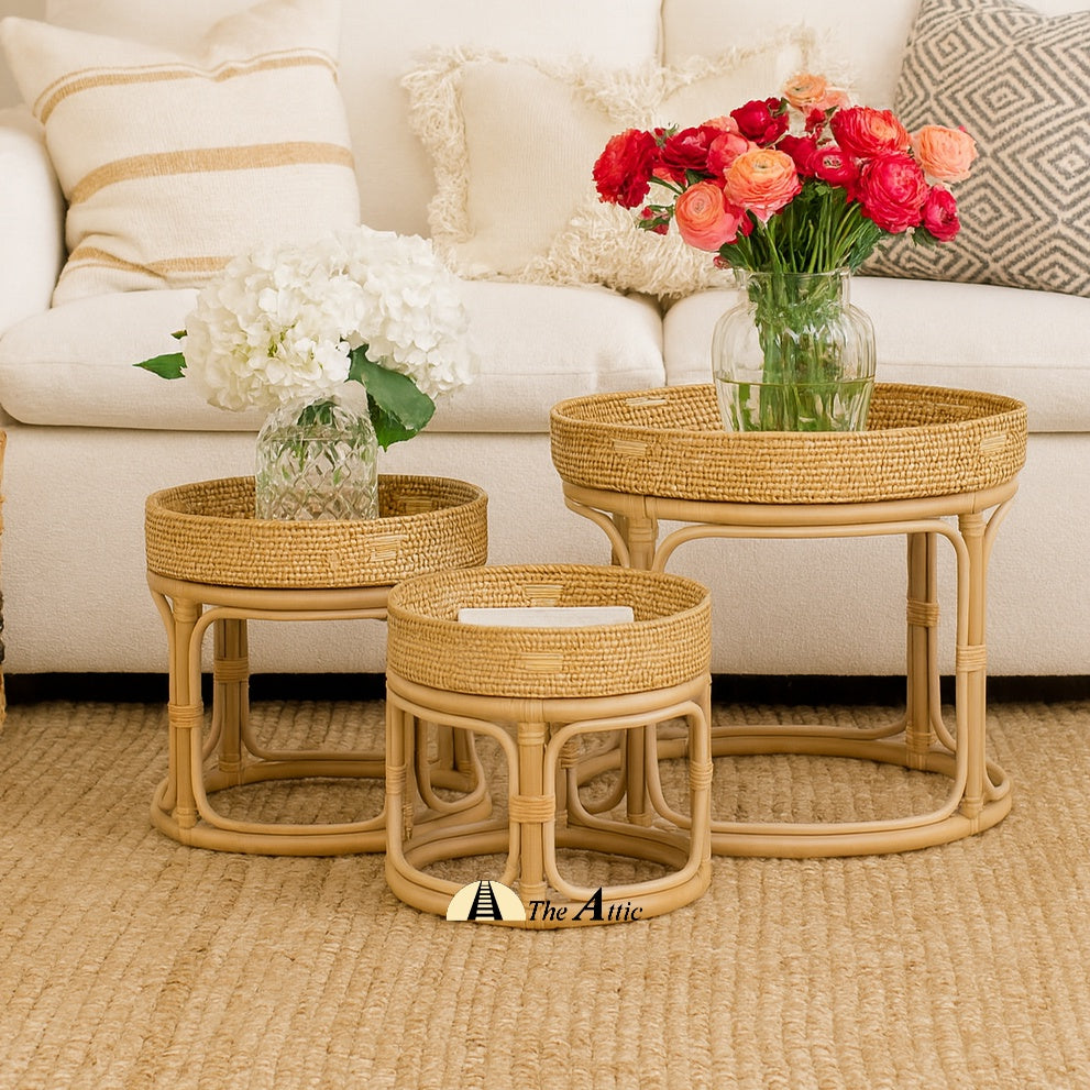 Lucia Rattan Nesting Side Tables (set of 3), Rattan Furniture, Wicker - The Attic Dubai