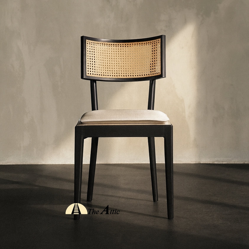 Malaga Dining Dining Chair, Black with Natural Rattan Woven Back and Cushioned Seat