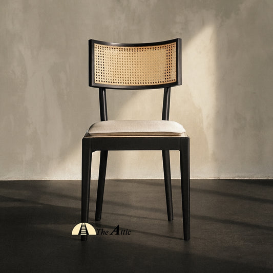 Malaga Dining Dining Chair, Black with Natural Rattan Woven Back and Cushioned Seat