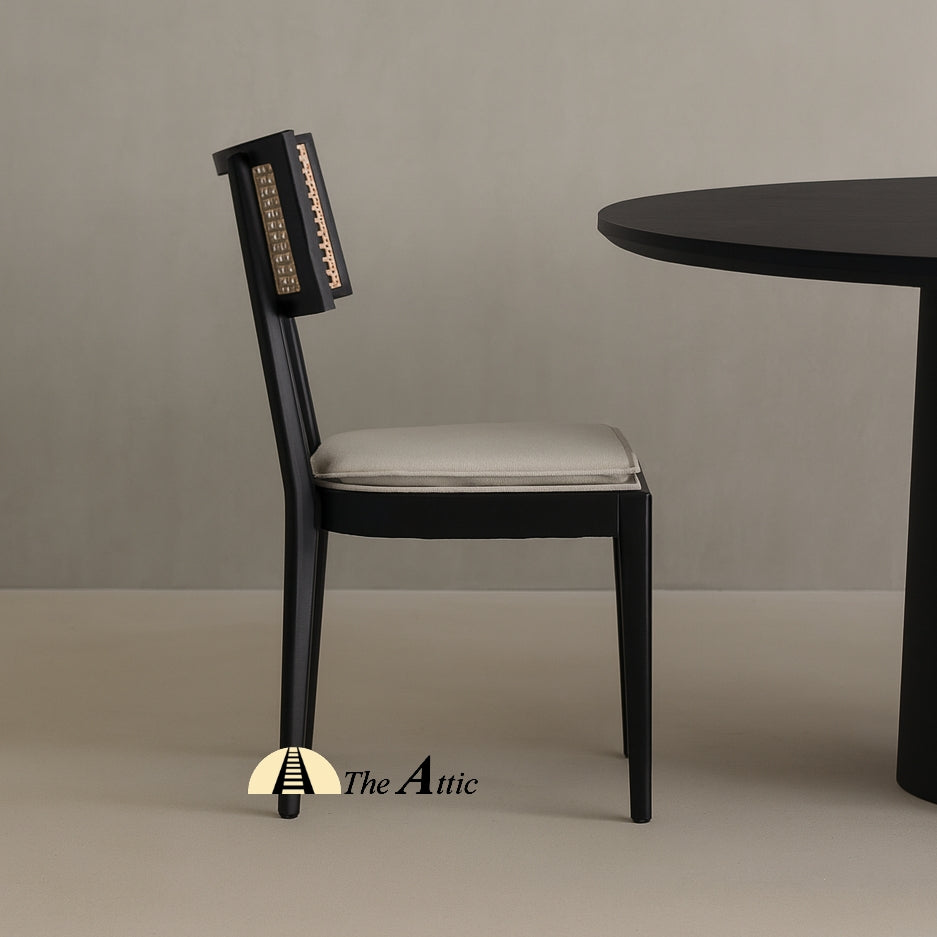 Malaga Dining Dining Chair, Black with Natural Rattan Woven Back and Cushioned Seat