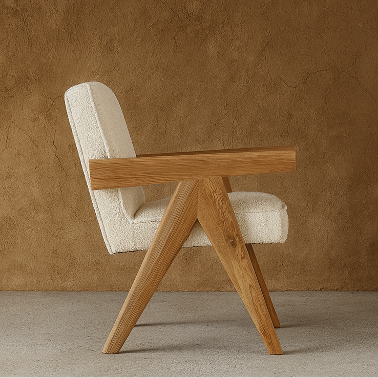 Nelly Boucle & Wood Lounge Chair | Mid-Century Design Modern Oak and Boucle Chair, Chandigarh Chair - The Attic Dubai