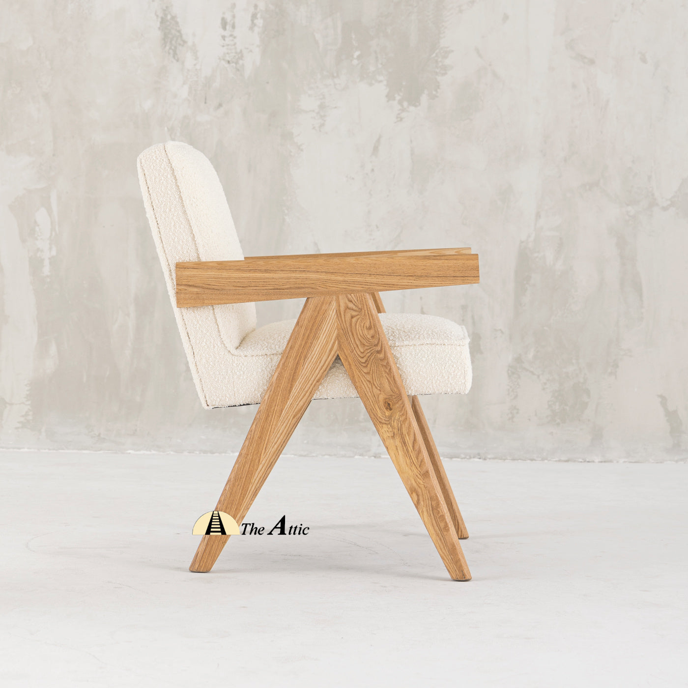 Nelly Mid-Century Modern Oak and Boucle Chair, Chandigarh Chair - The Attic Dubai