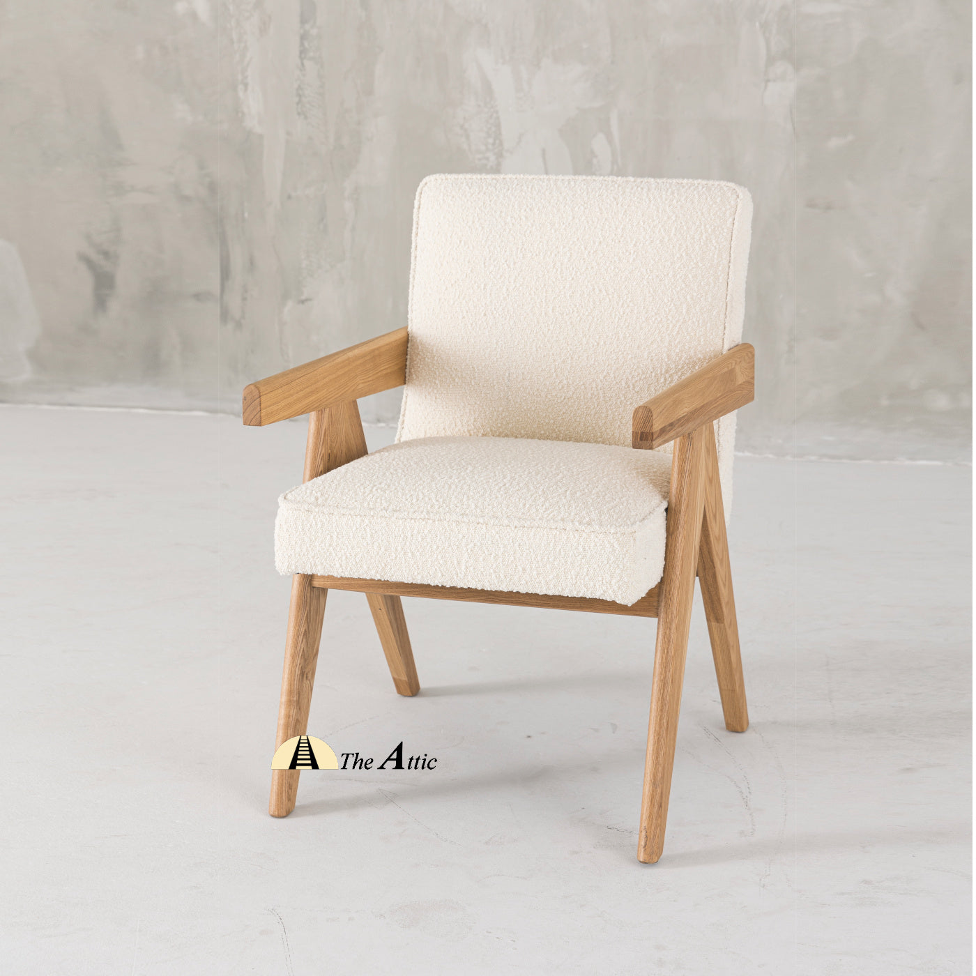 Nelly Mid-Century Modern Oak and Boucle Chair, Chandigarh Chair - The Attic Dubai