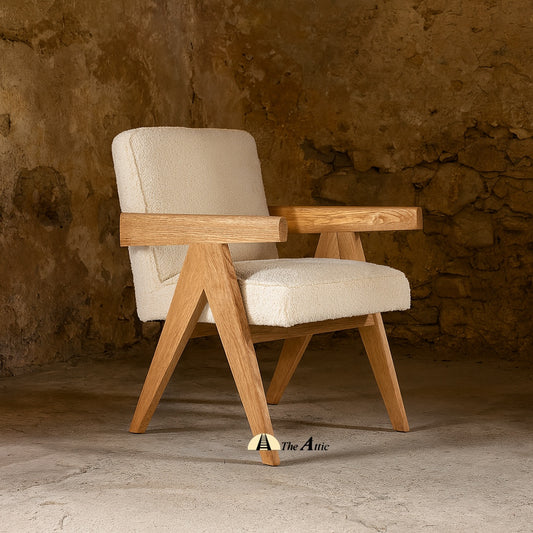 Nelly Mid-Century Modern Oak and Boucle Chair, Chandigarh Chair - The Attic Dubai
