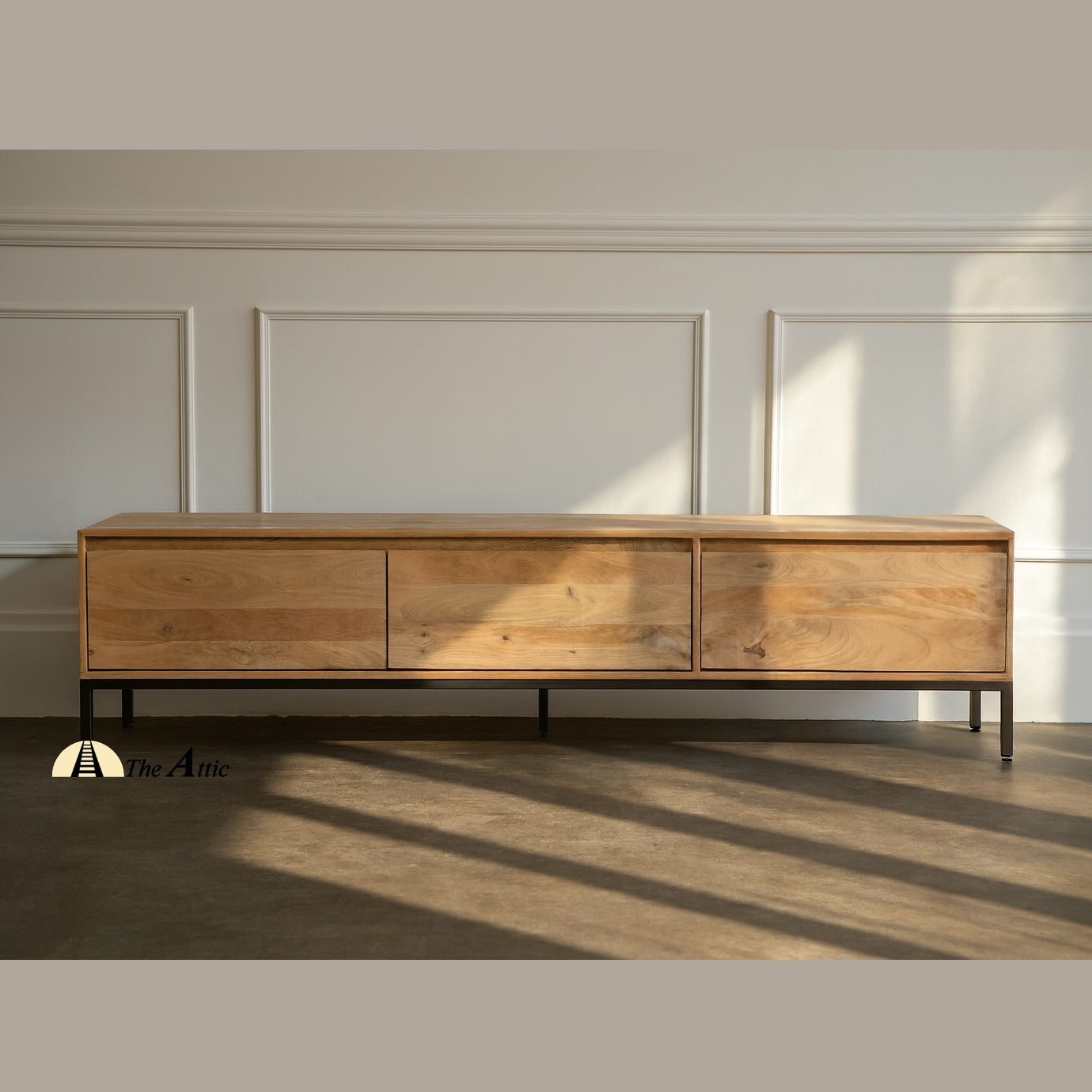 Parma Modern Minimalist 3-Door TV Unit, Wooden TV Console, Mango Wood media table - The Attic Dubai