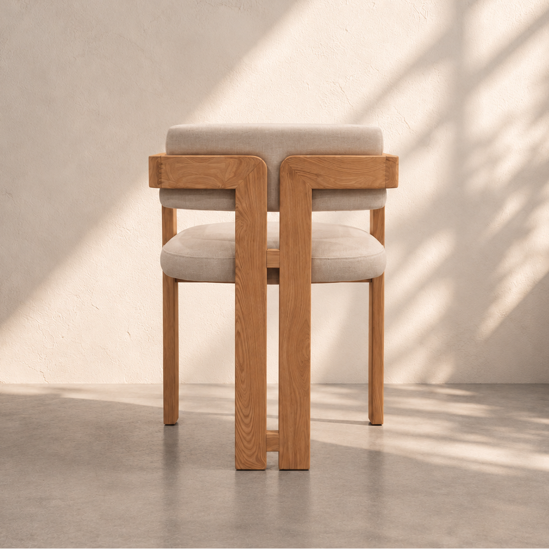 Salvador T-Back Dining Armchair featuring a natural solid oak wood frame, beige linen upholstered seat, padded T-shaped backrest and wooden armrests.