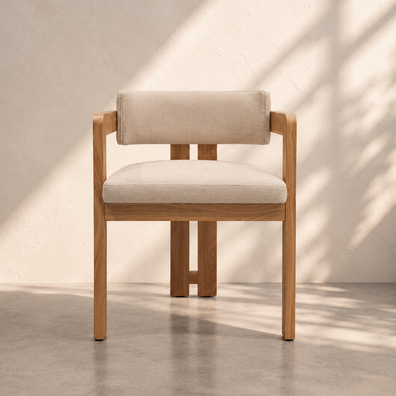 Salvador T-Back Dining Armchair featuring a natural solid oak wood frame, beige linen upholstered seat, padded T-shaped backrest and wooden armrests.