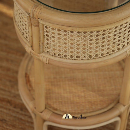 Samoa 2-tier Natural Rattan Round Side Table with Glass Top, Rattan Furniture - The Attic Dubai