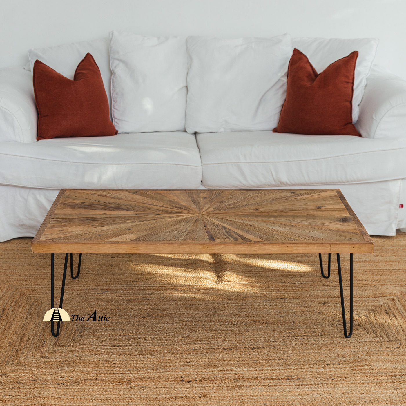 Dallas Sunburst Reclaimed Pine Hairpin Coffee Table - The Attic Dubai