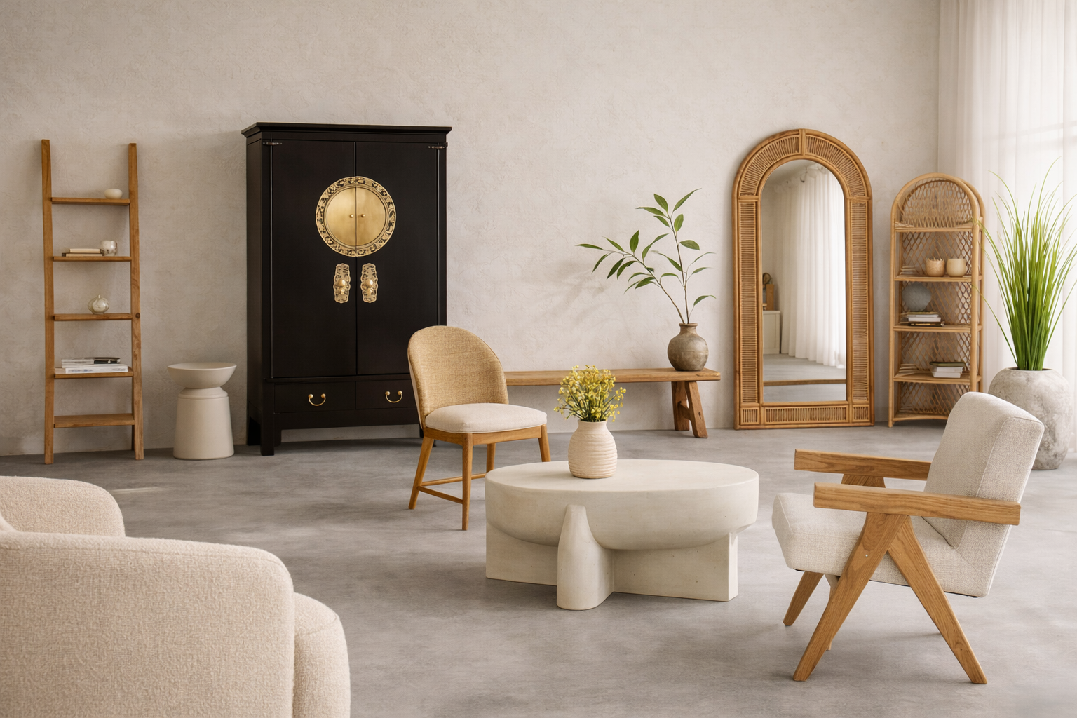 Modern living room with affordable luxury furniture including chairs, coffee tables, rattan shelves and decor.