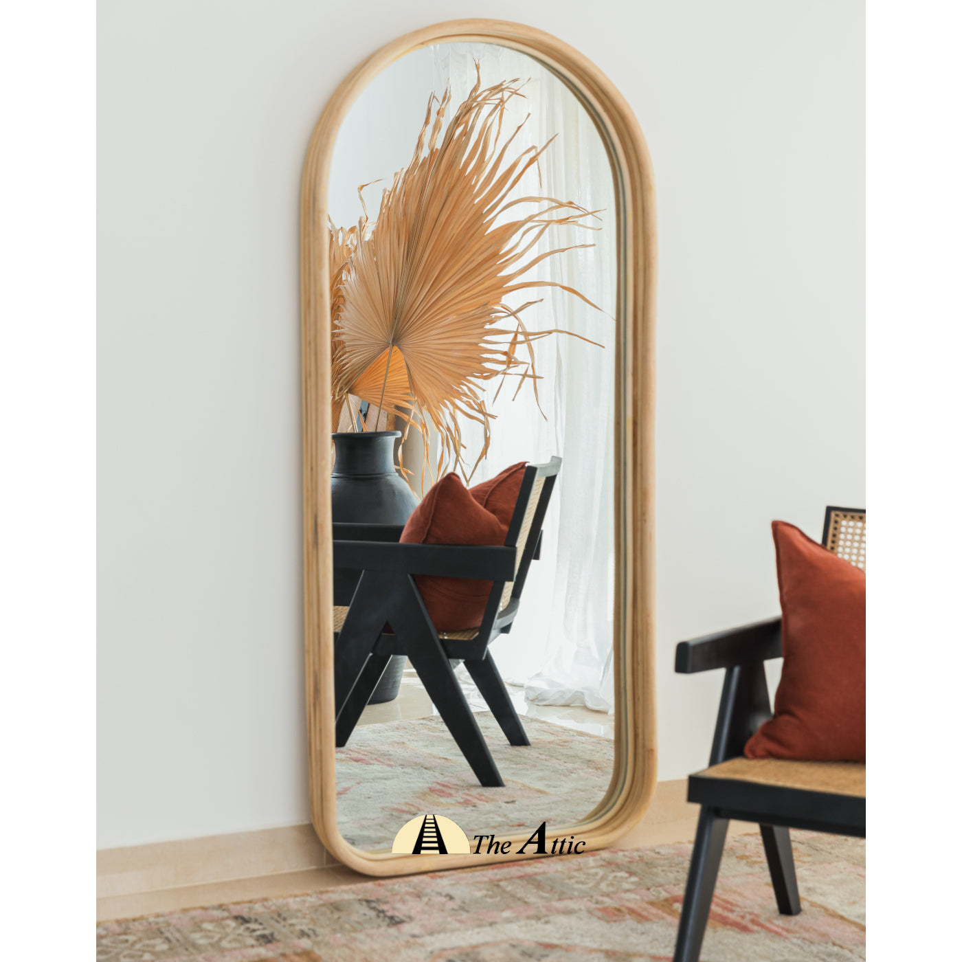 Bay Rattan Arch Leaning Mirror, Cane Floor Mirror - The Attic Dubai