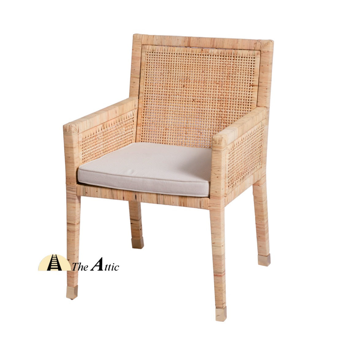 Costa Rattan Dining Chair with Wood Frame and Brass Accents, Armchair - The Attic Dubai