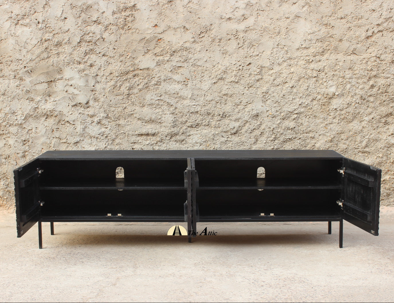 Diu Black TV Unit with Carved Panels, Solid Wood Entertainment Console, Mango Wood Media Table - The Attic Dubai