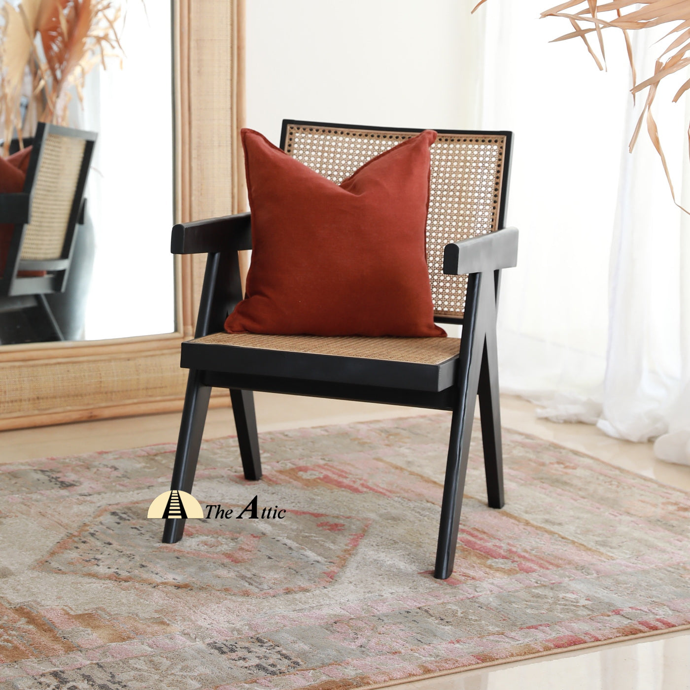 Geneva Mid-Century Modern Oak and Rattan Chair, Chandigarh Chair - The Attic Dubai