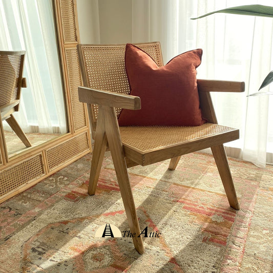Geneva Mid-Century Modern Oak Wood and Rattan Lounge Chair