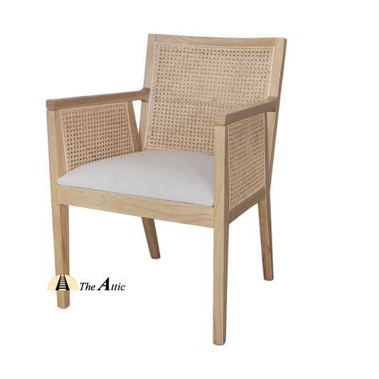Kyoto Wooden Armchair with Rattan Back and Sides and Upholstered Seat, Mid-Century Modern Oak Wood and Rattan Chair - The Attic Dubai