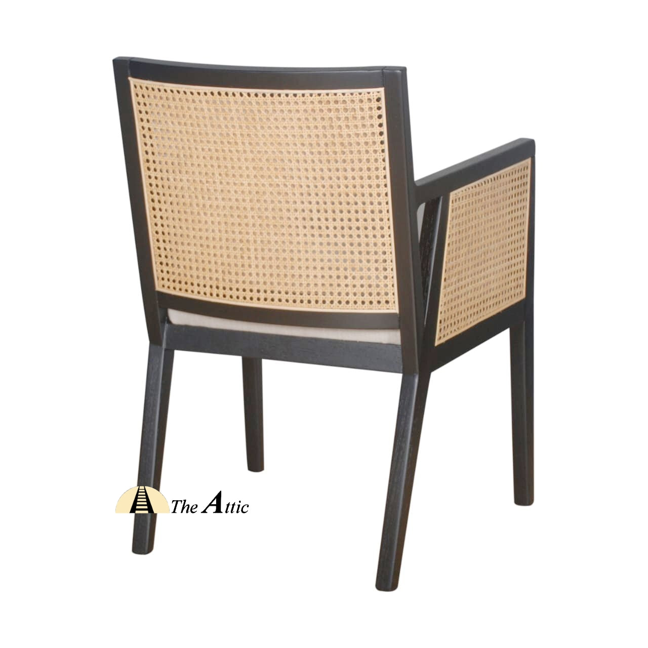 Kyoto Wooden Armchair with Rattan Back and Sides and Upholstered Seat, Mid-Century Modern Oak Wood and Rattan Chair - The Attic Dubai