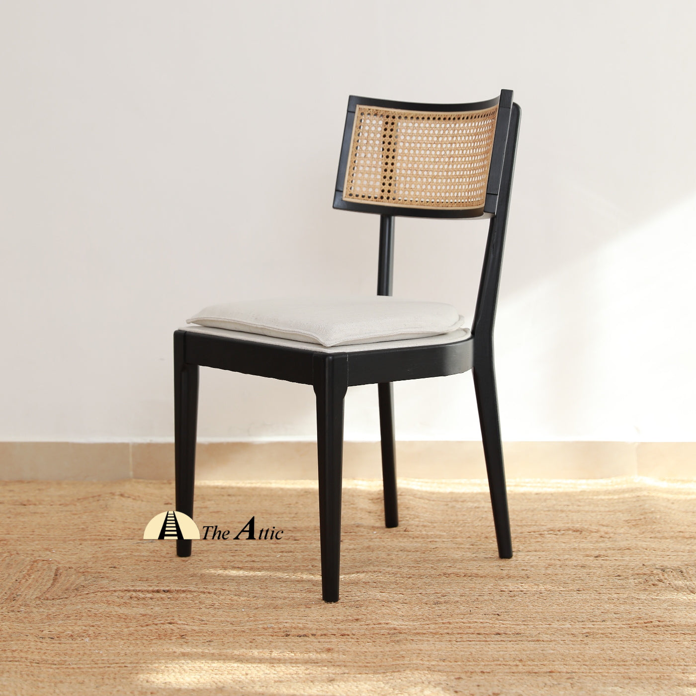 Malaga Dining Chair, Black with Natural Rattan Back and Cushioned Seat