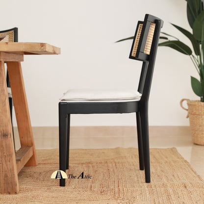 Malaga Dining Chair, Black with Natural Rattan Back and Cushioned Seat